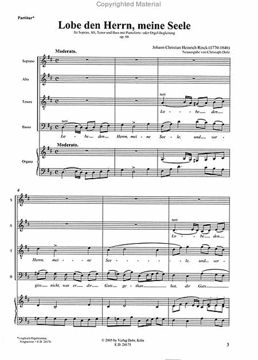 Lobe den Herrn, meine Seele op. 88 -für Sopran, Alt, Tenor und Bass mit Pianoforte- oder Orgel-Begleitung-