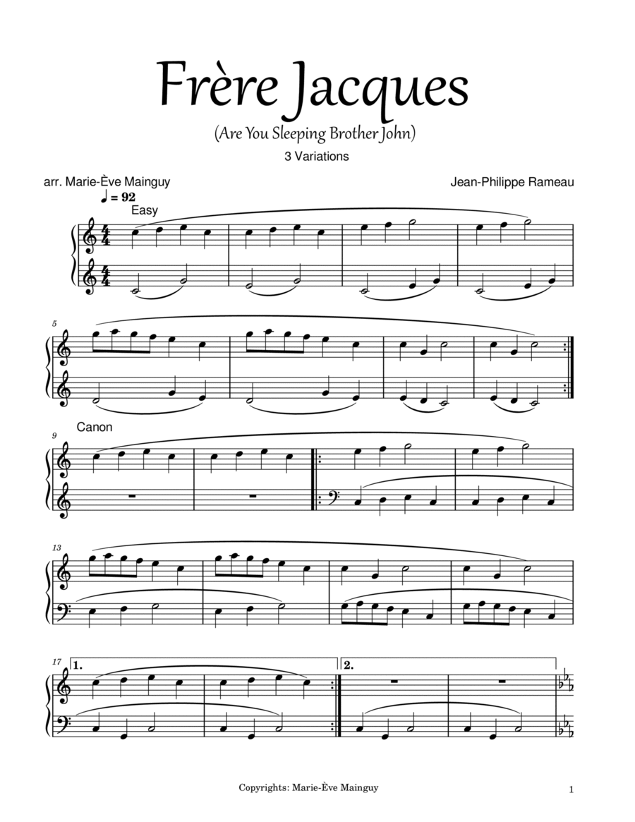 Frère Jacques (Are You Sleeping Brother John) Easy Piano scores gallery preview page 1