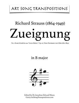 Book cover for STRAUSS: Zueignung, Op. 10 no. 1 (transposed to B major, B-flat major, and A major)