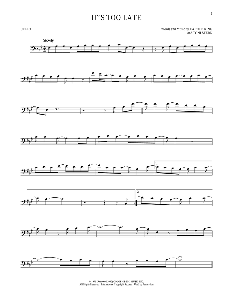 It's Too Late Cello Solo scores gallery preview page 1