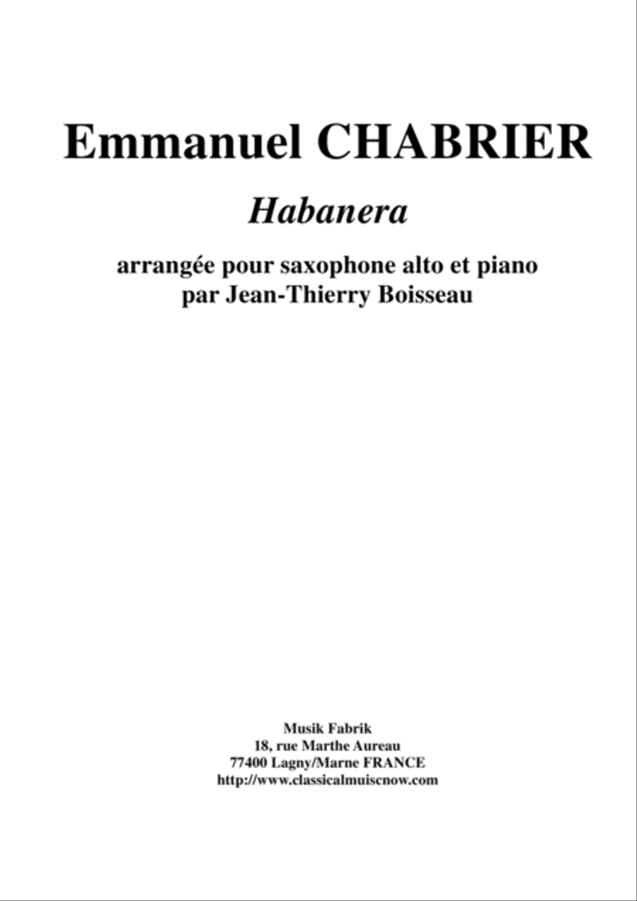 Emmanuel Chabrier: Habanera arranged for alto saxophone and piano Alto Saxophone scores gallery preview page 1