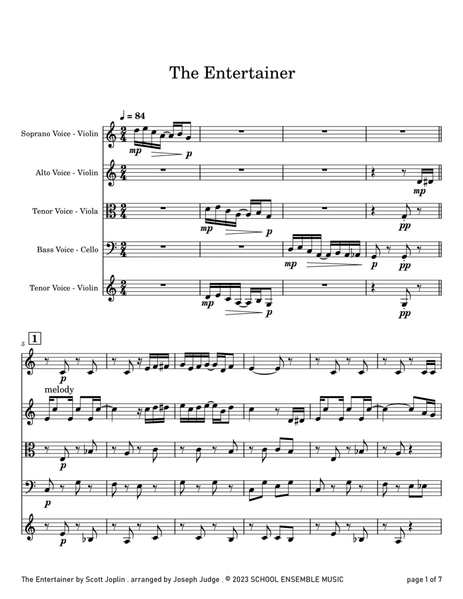 The Entertainer by Scott Joplin for String Quartet in Schools image number null