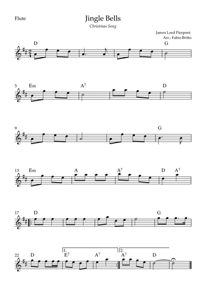 Jingle Bells (Christmas Song) for Flute Solo with Chords