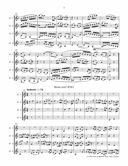 A Collection of Mozart Four Part Canons for Clarinet Quartet image number null