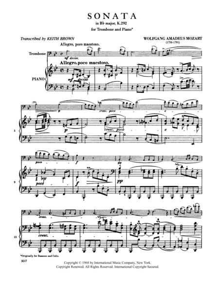 Sonata In B Flat Major, K. 292