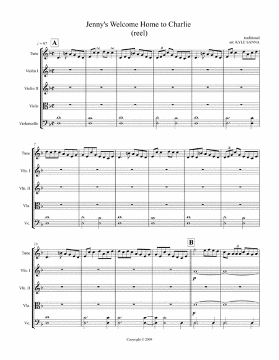 Jenny's Welcome Home To Charlie (reel) for Irish trad. melody player and string quartet String Quartet scores gallery preview page 2
