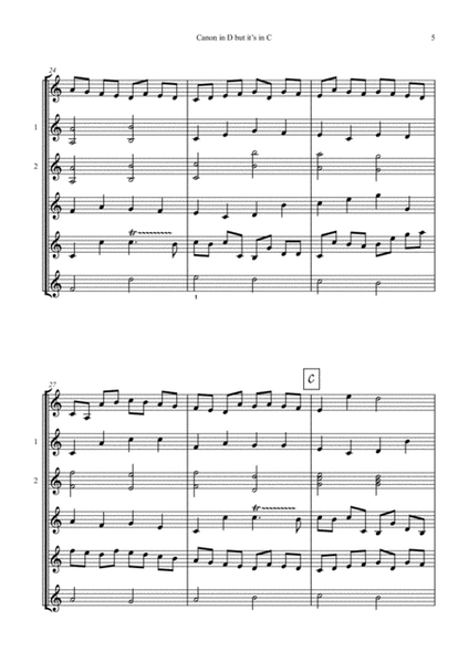 Canon in D but it's in C for guitar quartet or ensemble with Tablature - Pachelbel image number null