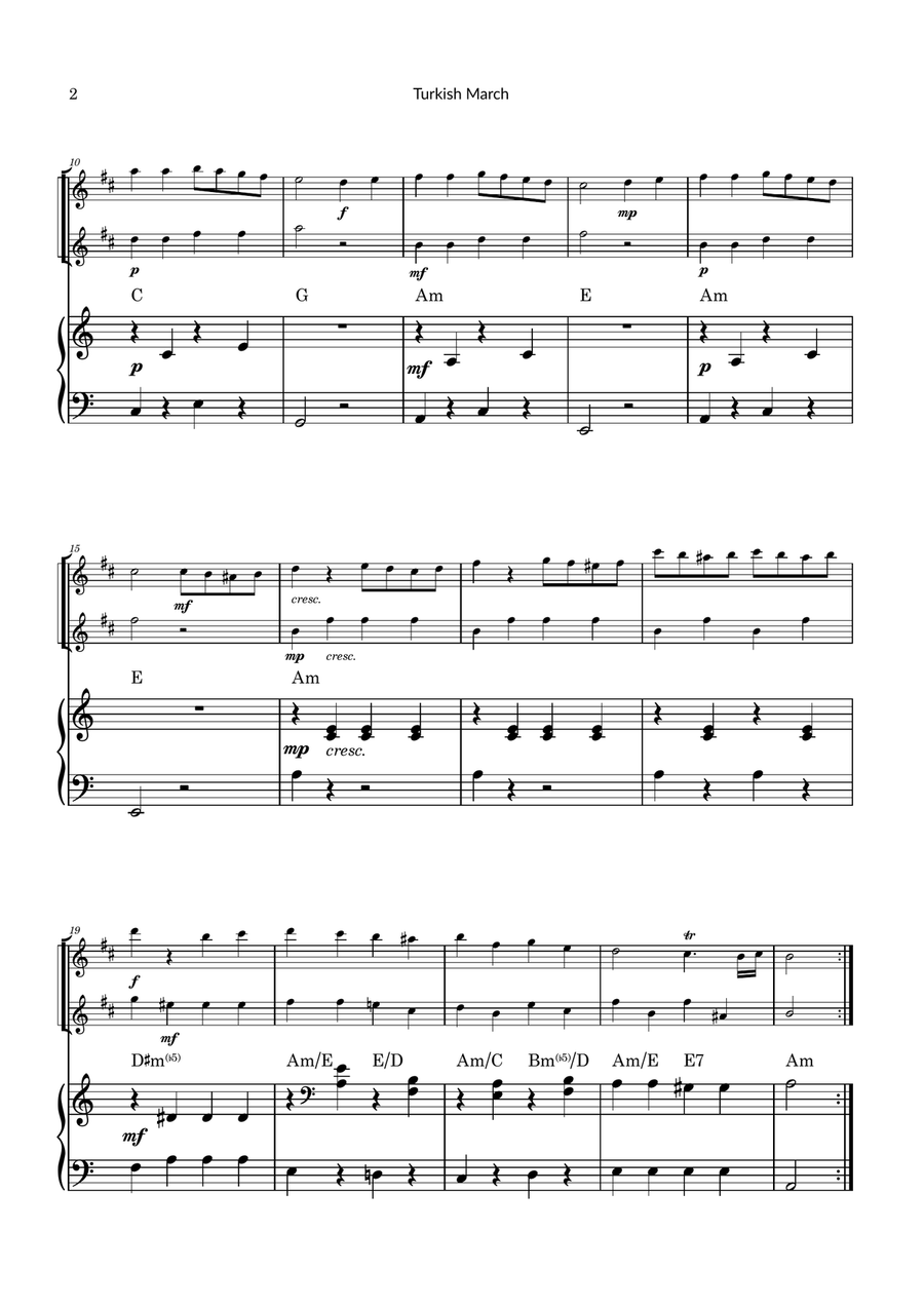 Turkish March by Mozart - Tenor Saxophone Duet with Piano and Chord Notations Woodwind Duet scores gallery preview page 2