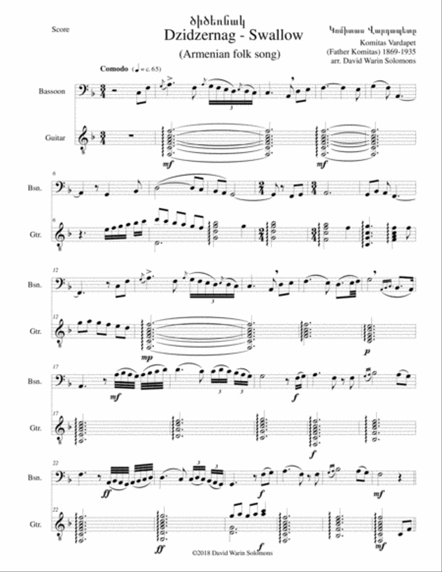 Swallow ԾԻԾԵՌՆԱԿ (Dzidzernag) arranged for bassoon and guitar Bassoon scores gallery preview page 1