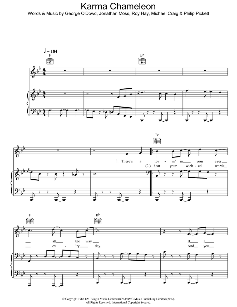 Karma Chameleon Piano, Vocal, Guitar scores gallery preview page 1