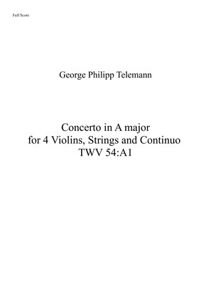 Book cover for Concerto in A major for 4 Violins, Strings and Continuo TWV 54:A1