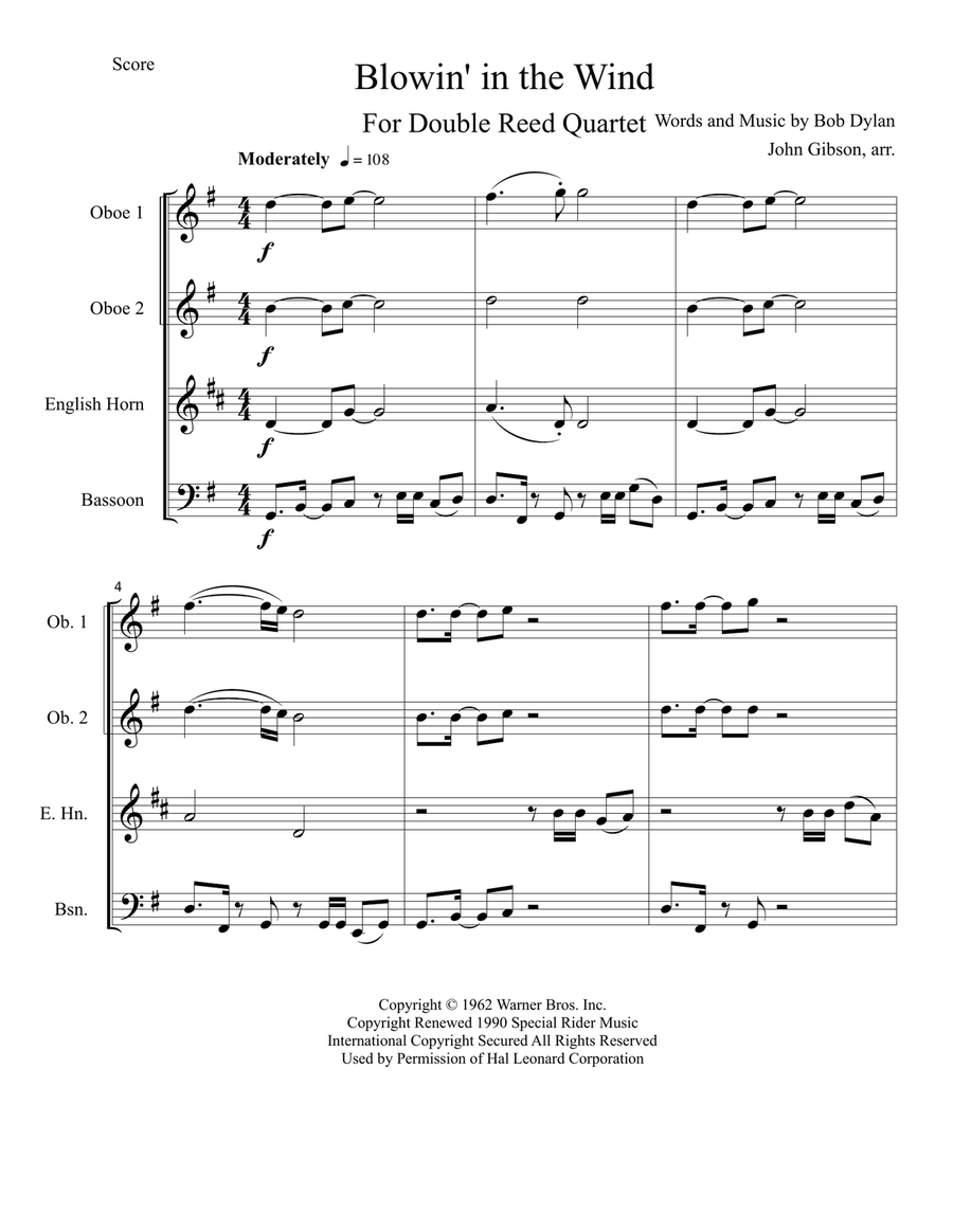 Blowin' In The Wind Woodwind Quartet scores gallery preview page 2