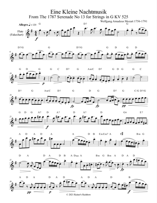 Book cover for Mozart 1787 KV 525 Eine Kleine Nachtmusik Fakecharts Chords Flute Clarinet or Bassoon Solo