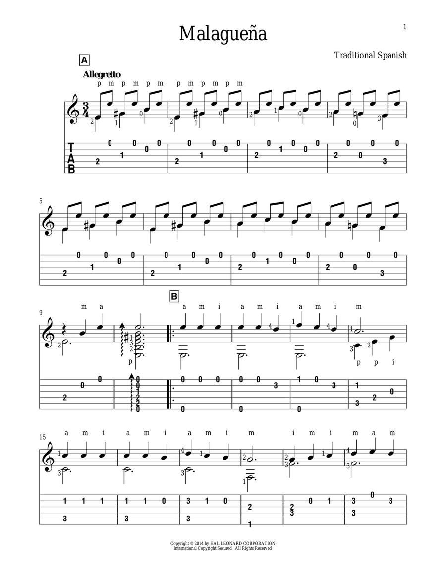 Malaguena Acoustic Guitar scores gallery preview page 1
