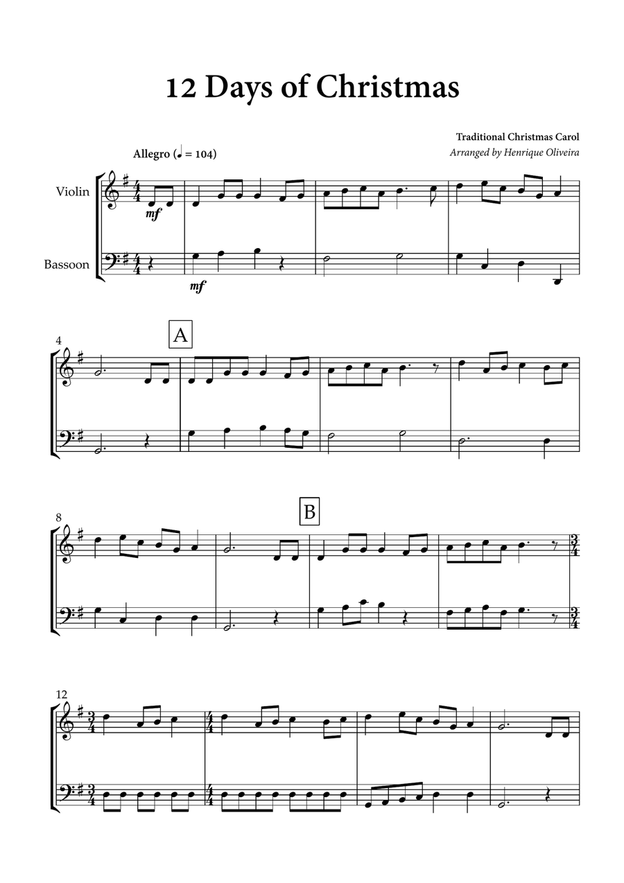 12 days of Christmas (Flute and Bassoon) - Christmas Carol Woodwind Duet scores gallery preview page 1