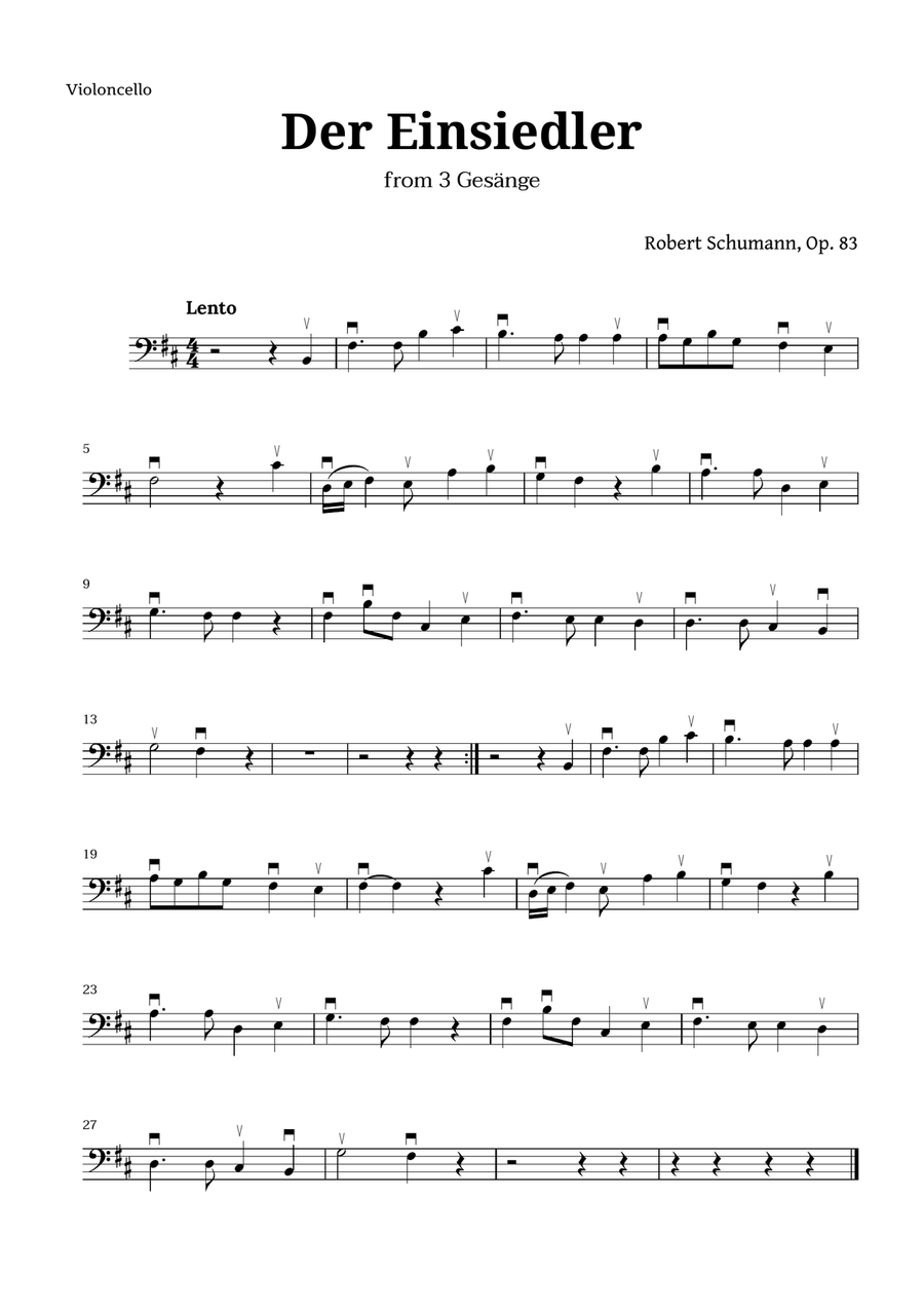 Der Einsiedler by Schumann for Cello Cello Solo scores gallery preview page 1