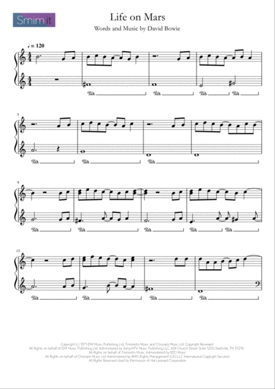 Life On Mars Easy Piano scores gallery preview page 1