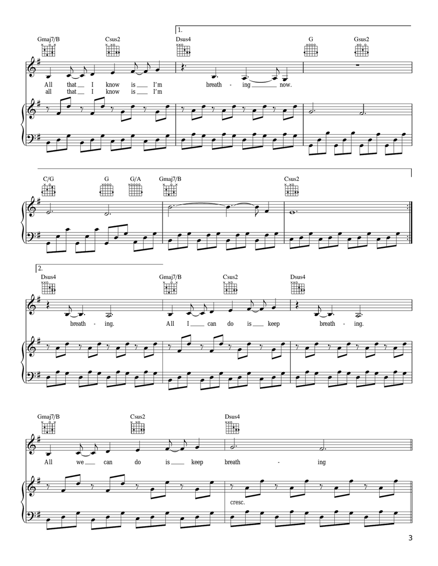 Keep Breathing Piano, Vocal, Guitar scores gallery preview page 3