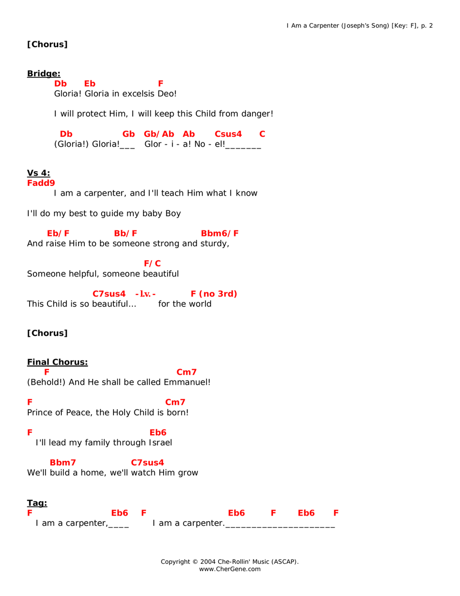 I Am a Carpenter (Joseph's Song) [Lyrics/Chords in F and in D, capo 3] Piano scores gallery preview page 2
