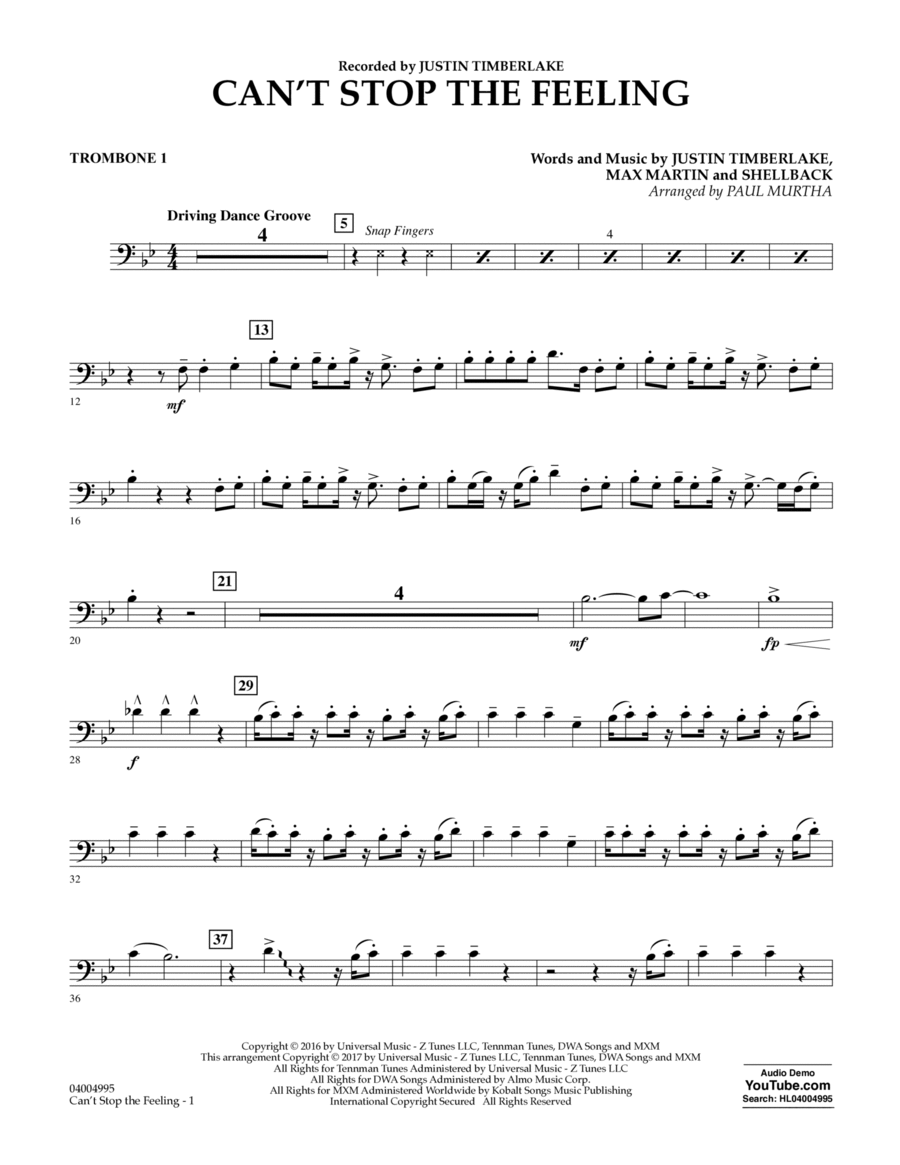 Can't Stop the Feeling - Trombone 1 Concert Band scores gallery preview page 1
