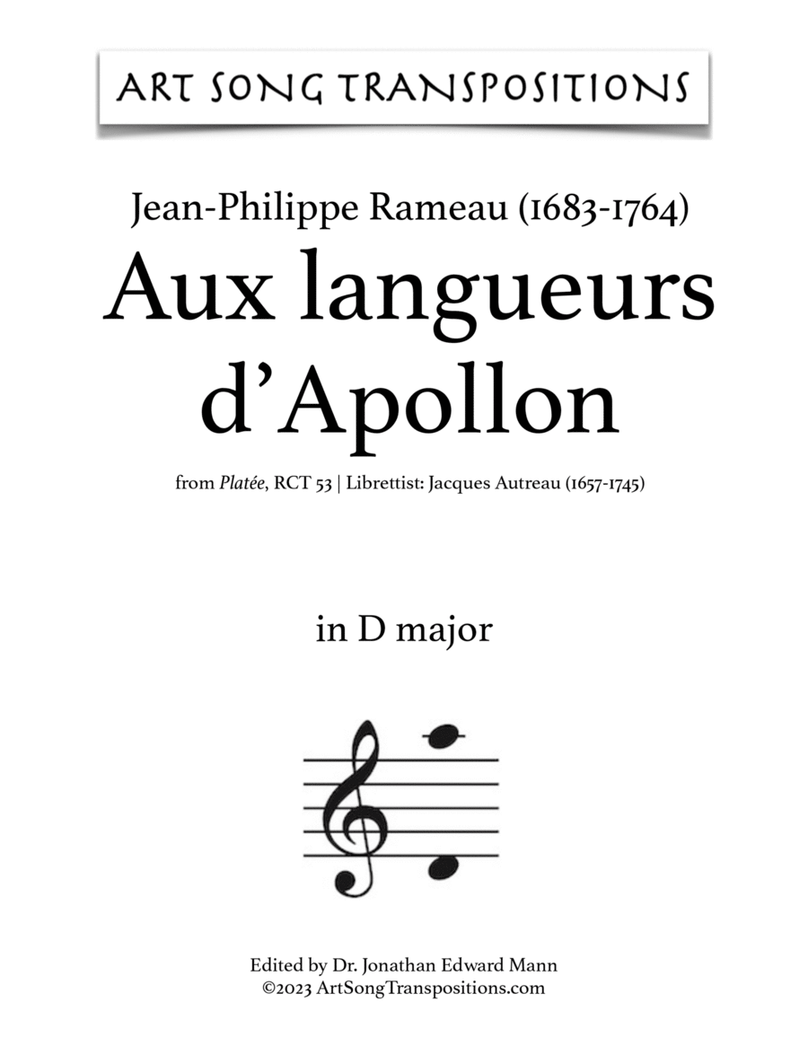 RAMEAU: Aux langueurs d’Apollon (transposed to D major, D-flat major, and C major) Voice scores gallery preview page 1