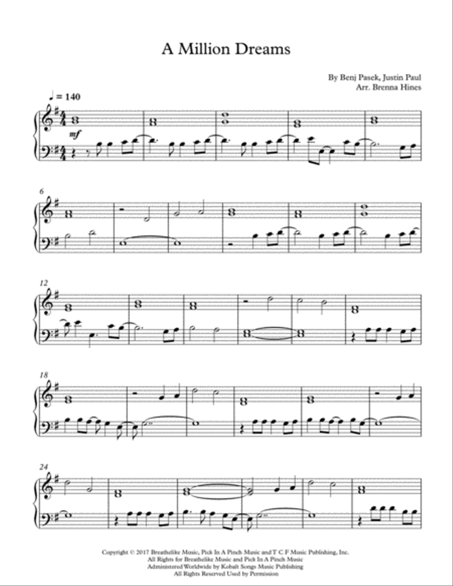 A Million Dreams Piano Solo scores gallery preview page 1