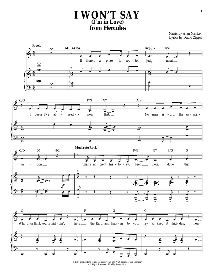 I Won't Say (I'm In Love) (from Hercules) Piano, Vocal scores gallery preview page 1