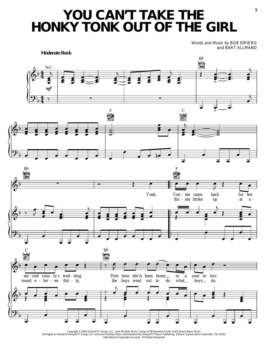 You Can't Take The Honky Tonk Out Of The Girl Piano, Vocal, Guitar scores gallery preview page 1