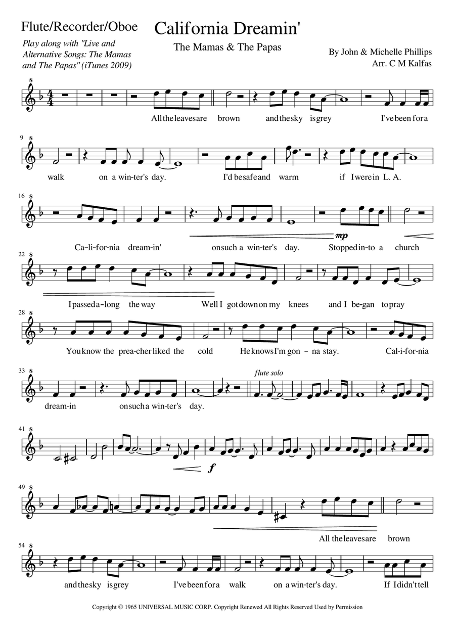 California Dreamin' Flute scores gallery preview page 1