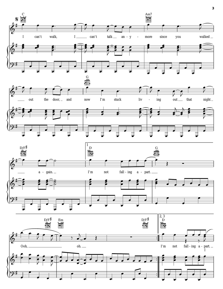 Not Falling Apart Piano, Vocal, Guitar scores gallery preview page 3