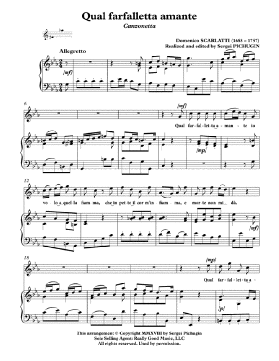 SCARLATTI, Domenico: Qual farfalletta amante, canzonetta for Voice and Piano (C minor) High Voice scores gallery preview page 3