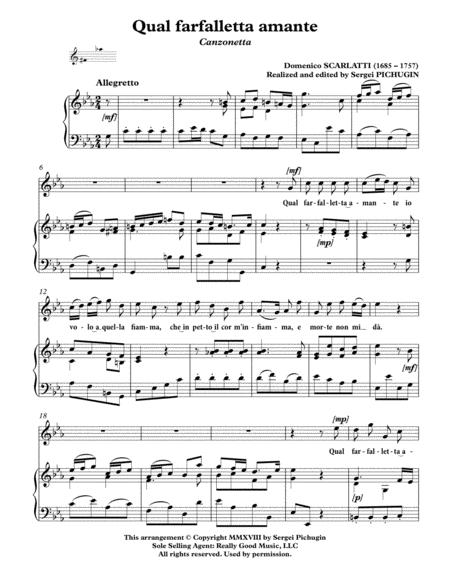 SCARLATTI, Domenico: Qual farfalletta amante, canzonetta for Voice and Piano (C minor) image number null