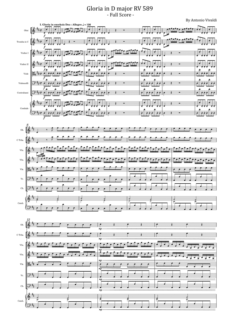 Vivaldi - Gloria in D major, RV 589 Full Score Original Chamber Orchestra scores gallery preview page 1