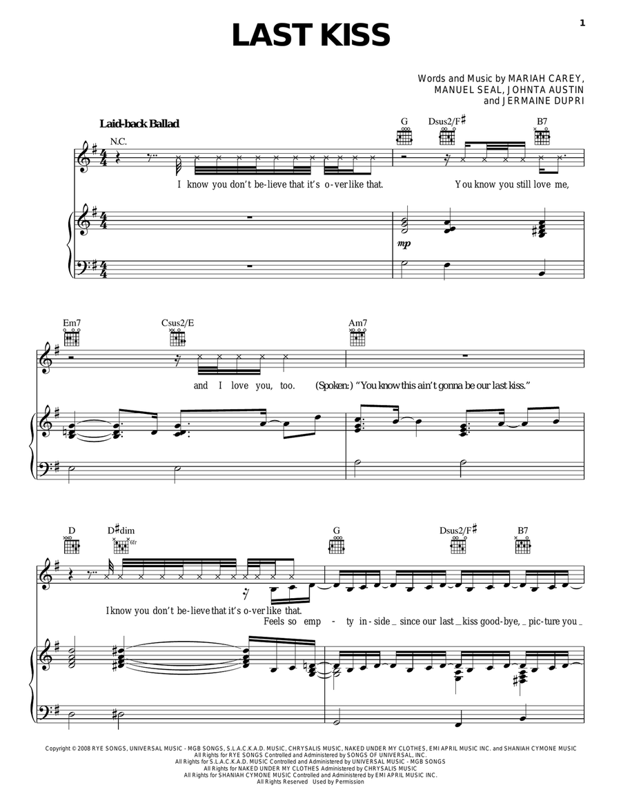 Last Kiss Piano, Vocal, Guitar scores gallery preview page 1