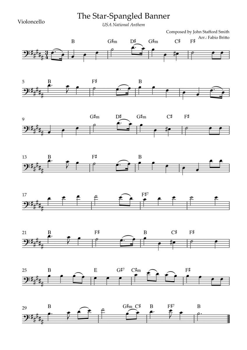 The Star Spangled Banner (USA National Anthem) for Cello Solo with Chords (B Major)