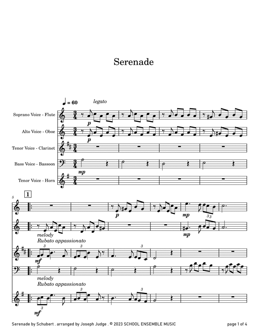 Serenade by Schubert for Woodwind Quartet in Schools Woodwind Quartet scores gallery preview page 1