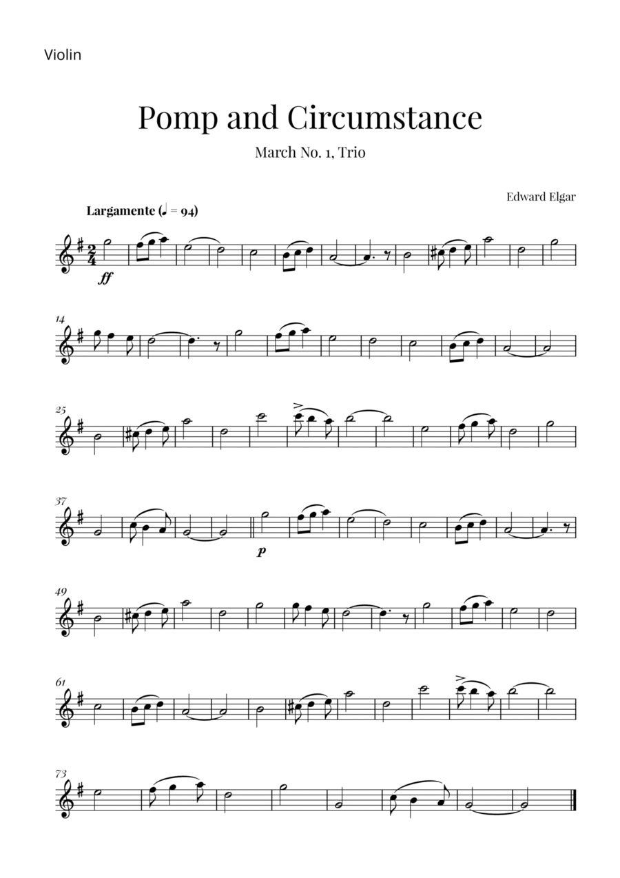 Edward Elgar - Pomp and Circumstance (for Violin Solo) Violin Solo scores gallery preview page 1