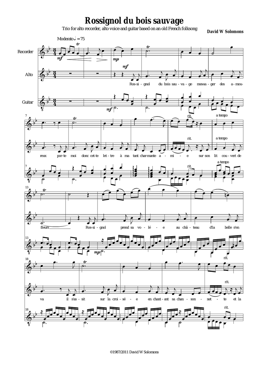 Rossignol du bois sauvage for alto voice, alto recorder and guitar Small Ensemble scores gallery preview page 1
