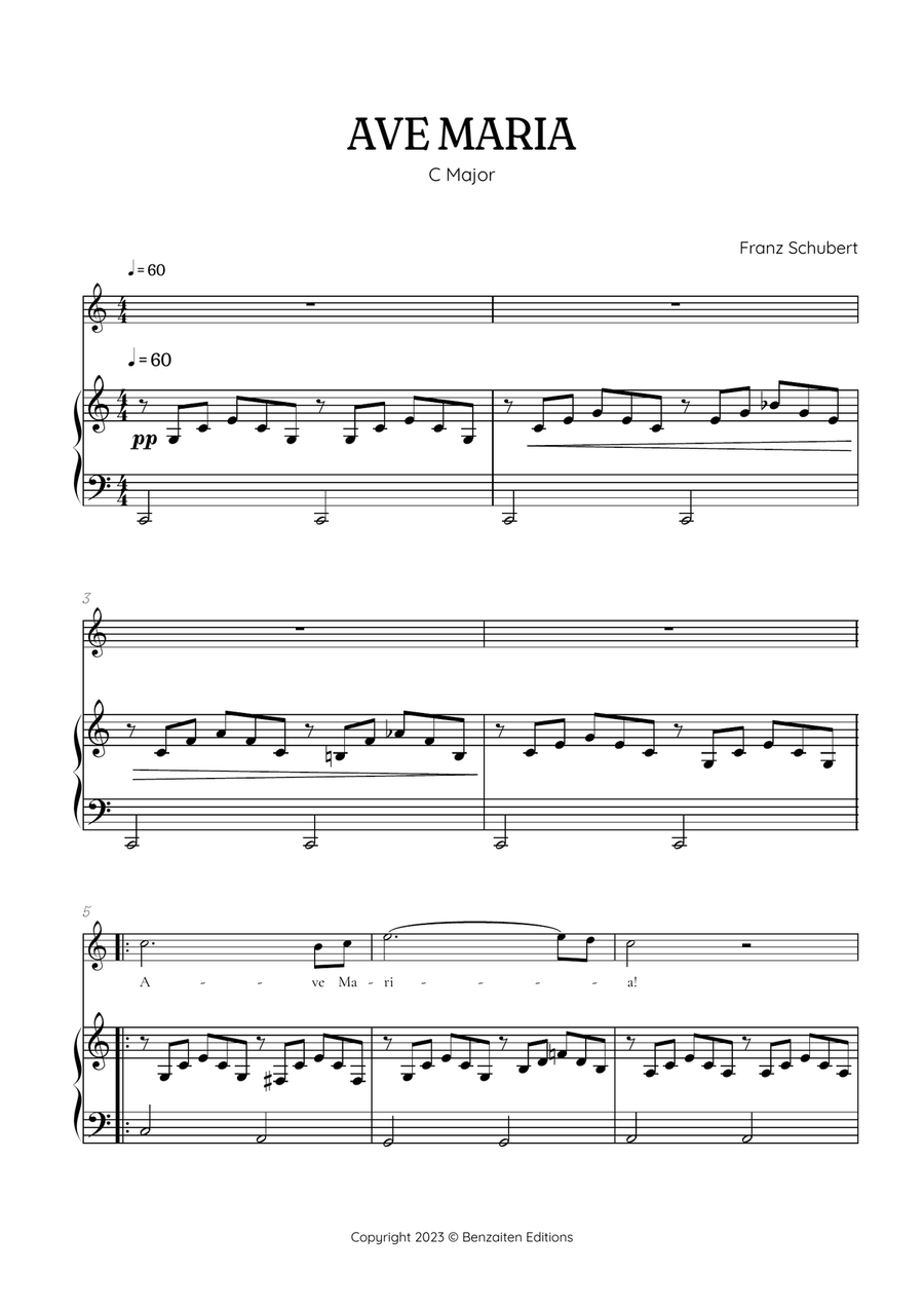 Schubert Ave Maria in C Major • soprano voice sheet music with easy piano accompaniment Piano, Vocal scores gallery preview page 1