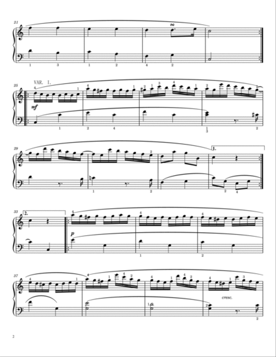 Mozart - KV 265 Twinkle Twinkle Little Star - 12 Variations K.265 Original With Fingered Piano Solo scores gallery preview page 2