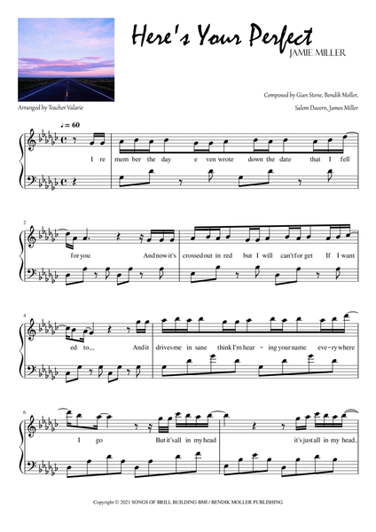 Here's Your Perfect (Jamie Miller) | Piano Solo Sheets 2-in-1 (Original key & Transposed) image number null