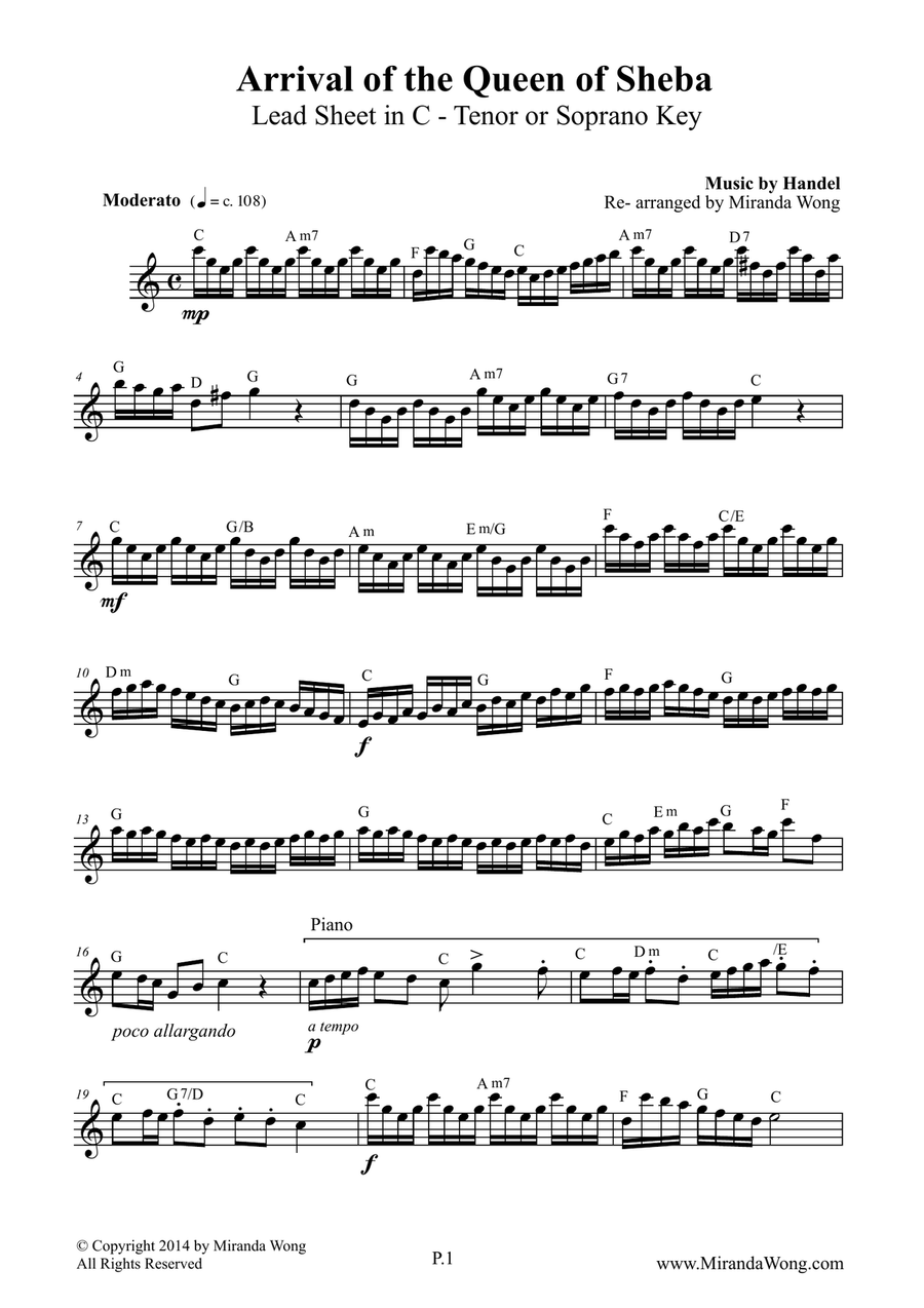 Arrival of Queen of Sheba - Lead Sheet in C for Soprano or Tenor Saxophone Small Ensemble scores gallery preview page 1