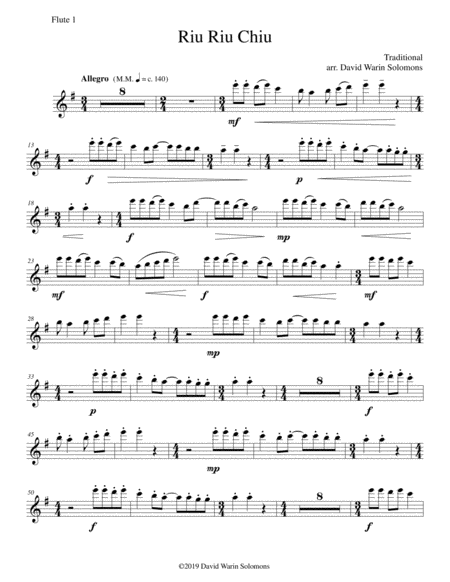 Riu Riu Chiu arranged for flute quintet (4 flutes and 1 alto flute) image number null