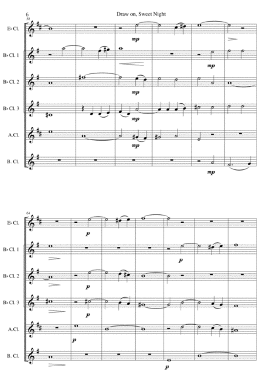 Draw on, Sweet Night for clarinet sextet (E flat, 3 B flats, alto and bass) Clarinet Solo scores gallery preview page 6