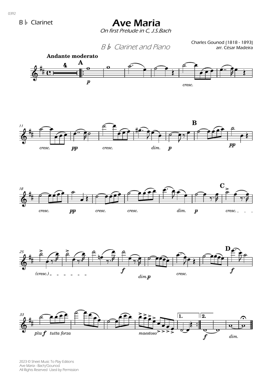 Ave Maria by Bach/Gounod - Bb Clarinet and Piano (Individual Parts) B-Flat Clarinet scores gallery preview page 1