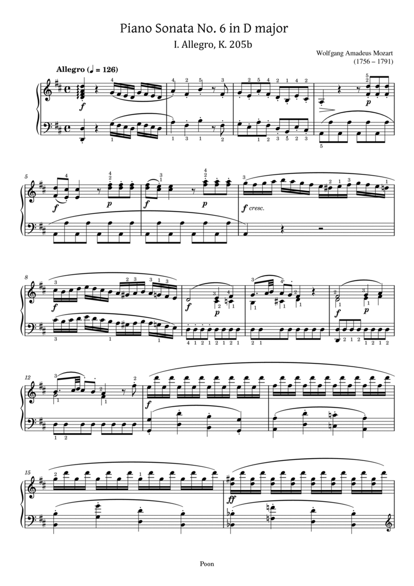 Mozart - Piano Sonata No.6 in D major, K.284 1st Mov - Original With Fingered - For Piano Solo image number null