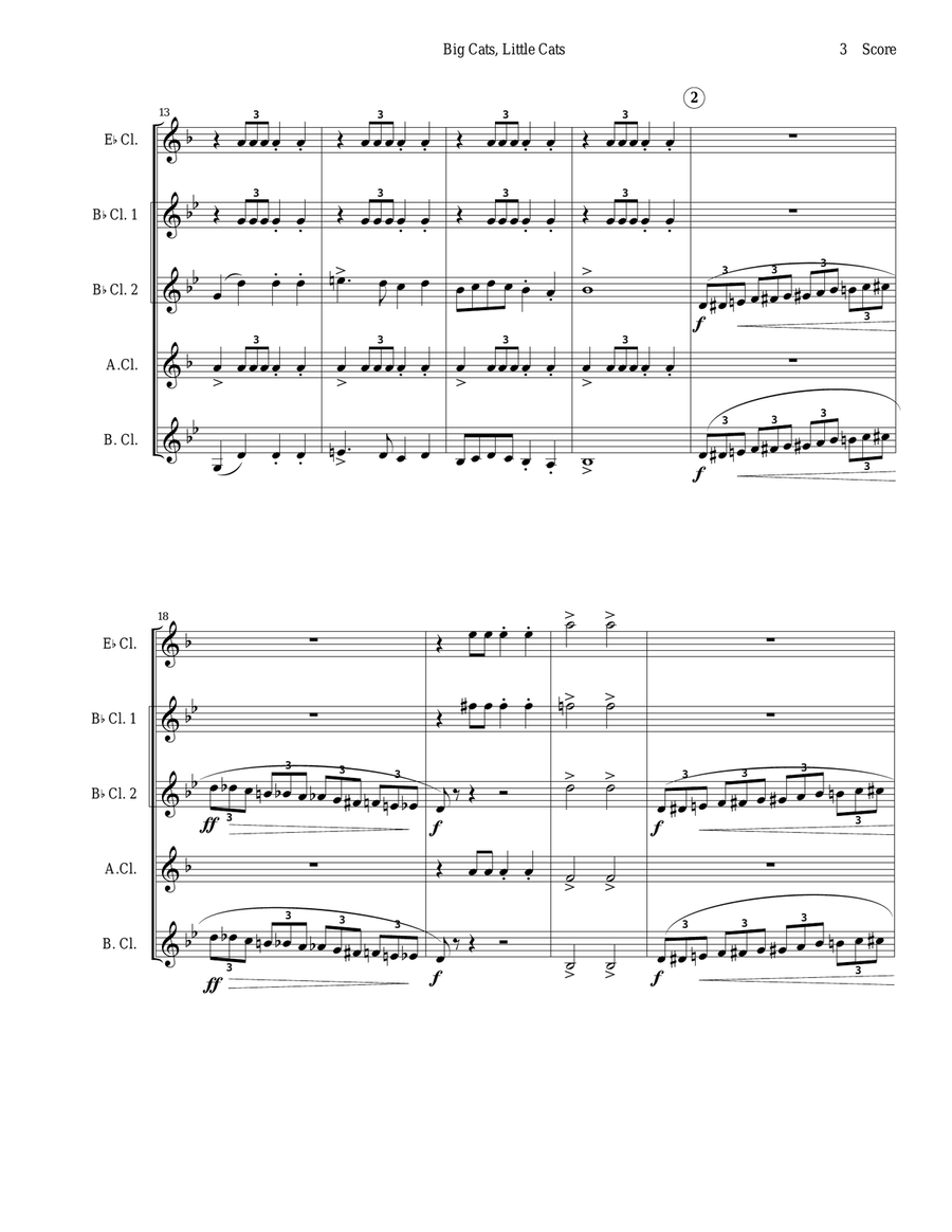 Clarinet Quintet or choir - Big Cats, Little Cats Clarinet Quintet scores gallery preview page 3
