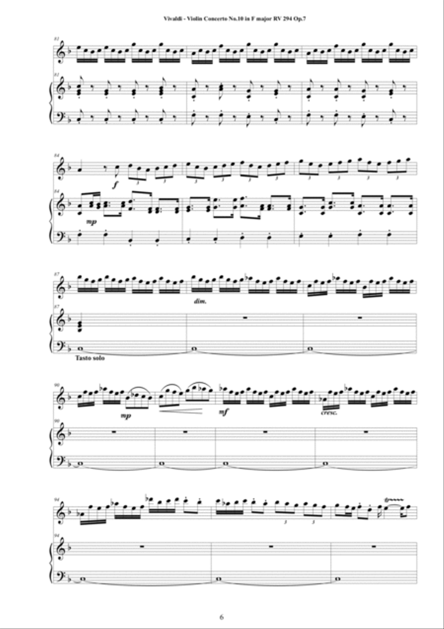 Vivaldi - Violin Concerto No.10 in F major 'Il Ritiro' RV 294 Op.7 for Violin and Cembalo (or Piano) String Duet scores gallery preview page 6