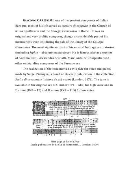 CARISSIMI, Giacomo: La mia fede, canzonetta for Voice (Alto/Baritone) and Piano (D minor) image number null