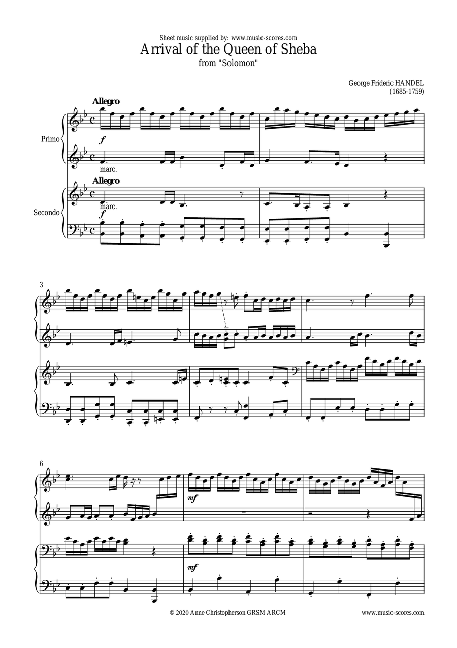 Handel: Arrival of the Queen of Sheba - Piano Duet Piano Duet scores gallery preview page 1